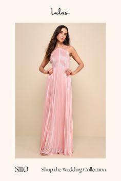 a woman in a long pink dress with the words shop the wedding collection on it