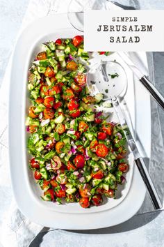 Jerusalem salad on a white plate. Middle Eastern Easter Recipes, Persian Salad, Middle Eastern Salad, Shirazi Salad, Middle Eastern Salads, Low Calorie Salad, Easter Menu