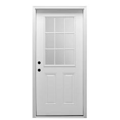 a white door with glass panels on the top and bottom panel, against a white background