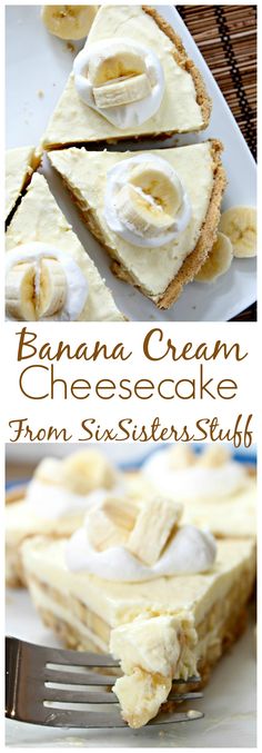 banana cream cheesecake is on a plate with a fork