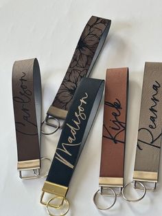 Personalized with your name, or we offer 2 other designs (floral of leopard) and a blank option. These key fob wristlets are lightweight, thin, and comfy on the wrist! Faux Leather Key Fob, Diy Vinyl Projects, Romantic Breakfast, Faux Leather Keychain, Keychain Wristlets, Food Logo Design Inspiration, Strap Keychain, Name Keychain, Key Fob Wristlet