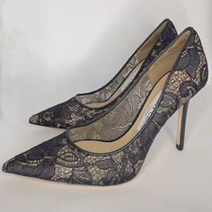 This Is A Brand New, Never Worn And Authentic Pair Of Jimmy Choo Pumps In A Navy Lace Color. These Shoes Are Super Sexy And Perfect For A Night Out! Final Price! Not Accepting Any Offers On This Item. Comes In Original Box With Dust Bag And Booklet Heel Height: 100 Mm (~4 Inch) Size: 36.5 (Us Size 6.5) Elegant Lace-up Court Shoes For Evening, Elegant Lace-up Evening Court Shoes, Fitted Lace Heels With Pointed Toe, Evening Lace Heels With 4-inch Heel, Elegant Closed Toe Heels With Laces, Luxury Lace Heels With Pointed Toe, Elegant High Heel Laced Heels, Lace Heels With Pointed Toe For Formal Occasions, Formal Lace Heels With Pointed Toe