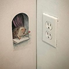 an illustration of a hedge reading a book through a hole in the wall next to a light switch