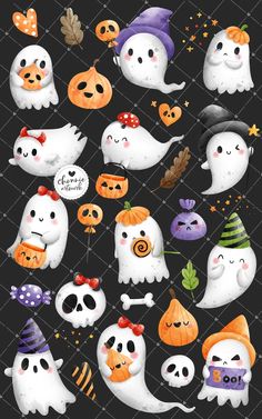 halloween ghost stickers on a black background with pumpkins and other items in the shape of ghosts