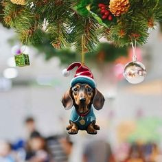 a christmas ornament with a dog wearing a santa hat hanging from a tree