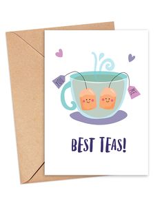 a card with two eggs in a tea cup and the words best teas on it