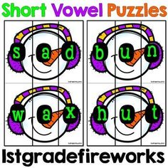 four different alphabets with headphones on them and the words short voel puzzles