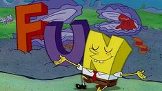 spongebob holding the letter f for fu