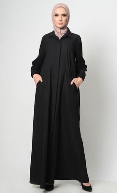 Stylish Button Down Abaya-Black Oversized Black Abaya, Oversized Long Sleeve Black Abaya, Oversized Black Long Sleeve Abaya, Elegant Long Abaya For Workwear, Long Sleeve Abaya For Work, Solid Color Long Sleeve Abaya For Work, Solid Long Sleeve Abaya For Work, Black Oversized Long Abaya, Oversized Black Long Abaya