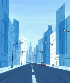 a car driving down a city street with tall buildings in the backgrouds