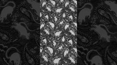 an abstract black and white pattern with skulls in the center, on a dark background