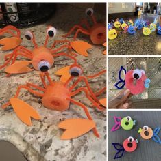 several pictures of different types of crab made out of construction paper and plastic cups with googly eyes