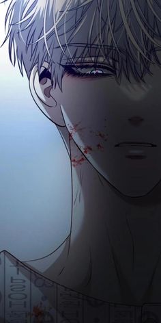 an anime character with white hair and blood on his face, staring at the camera