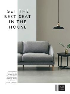 a living room scene with focus on the sofa and coffee table in the foreground text reads get the best seat in the house