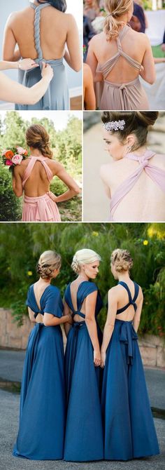 the back of three bridesmaids in blue gowns and one is wearing a pink dress