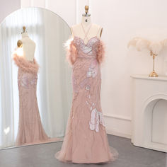 Dresses With Feathers, Pink Evening Dresses, Yellow Evening Dresses, Dubai Women, Feather Scarf, Grey Evening Dresses, Champagne Evening Dress, Gold Evening Dresses, Mermaid Pink