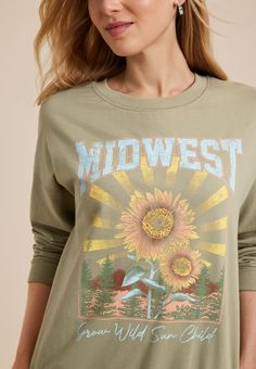 Midwest Grow Wild Sun Child Relaxed Fit Sweatshirt - Materials & Care:imported - 60% cotton 40% polyester - machine wash Green Graphic Print Top For Fall, Long Sleeve Top With Front Print For Spring, Spring Long Sleeve Top With Front Print, Green Spring Sweatshirt With Screen Print, Spring Green Sweatshirt With Screen Print, Green Relaxed Fit Sweatshirt For Summer, Soft-washed Long Sleeve Tops For Summer, Soft-washed Long Sleeve Summer Top, Summer Long Sleeve Soft-washed Top