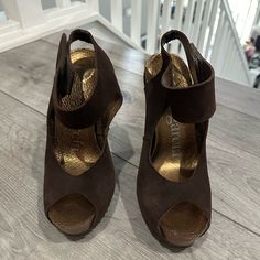 Basically Brand New 36.5 Suede Open Toe Wedge Sandals For Party, Suede Open Toe Heels With Branded Insole, Suede Open Toe Slingback Sandals For Party, Party Suede Open Toe Slingback Sandals, Suede Open Toe Wedge Sandals With Wrapped Heel, Brown Suede, Shoes Women Heels, Shoes Heels, Size 7