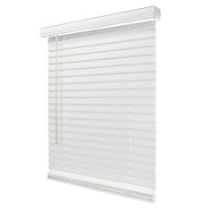 a white window blind with horizontal blinds on the top and bottom, in front of a white background