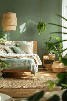 a bedroom with green walls and plants in the corner