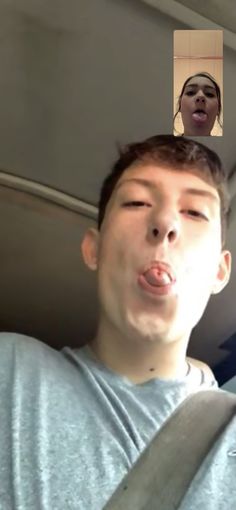 a man with his mouth open in the back seat of a car and another person sticking their tongue out