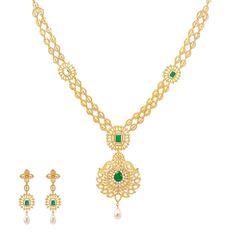 Our Jaya Jewelry set is simply breathtaking. The 22k yellow gold design is decorated with a stunning arrangement of emeralds, cubic zirconia stones, and pearls. It's the perfect 22k yellow gold Indian bridal necklace set for a blushing bride who wants to shimmer and shine with radiance on her special day. Features: • 22k yellow gold • Emeralds • Cubic Zirconia • PearlsThe Indian bridal jewelry collection from Virani Jewelers features a dazzling assortment of precious gemstones, pearls, and of co 22k Gold Green Bridal Necklace, Elegant Gold Plated Green Jewelry Sets, Emerald Necklace In Yellow Gold For Weddings, Elegant Green Gold Plated Jewelry Sets, Yellow Gold Emerald Necklace For Wedding, Wedding Emerald Necklace In Yellow Gold, Elegant Green Gold-plated Jewelry Sets, Gold Bridal Necklace With Emerald Gemstone, Gold Emerald Bridal Necklace With Gemstones