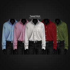 five men's shirts in different colors and sizes, all with buttons on the collars