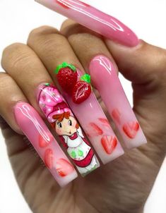 #nails #strawberry  #strawberryshortcake Strawberry Shortcake Acrylic Nails, Pink Strawberry Nails Acrylic, Strawberry Shortcake Nail Art, Nail Art Character Design, Strawberry Shortcake Nails Designs, Strawberry Shortcake Nails Acrylic, Kim Possible Nails, 3d Strawberry Nails, Red Strawberry Nails