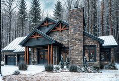 a house in the woods with snow on the ground