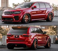 the front and side view of a red jeep with orange rims on it's wheels