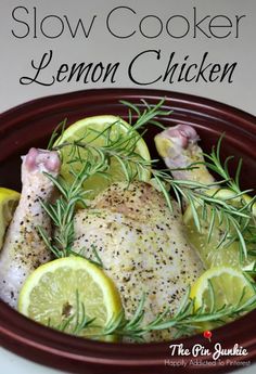 the slow cooker lemon chicken is ready to be served with fresh herbs and lemon slices