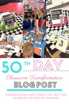 children sitting at a table with the words 50 th day written in front of them