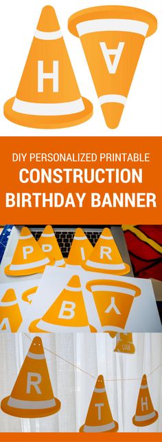 an orange and white banner with the words construction birthday banner