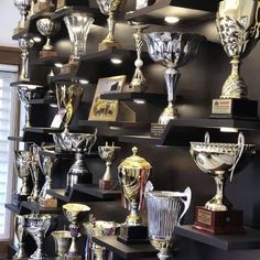 many trophies are lined up on shelves in a room