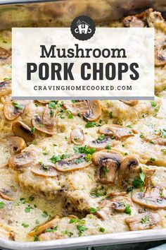 mushroom pork chops in a casserole dish with parsley on the side