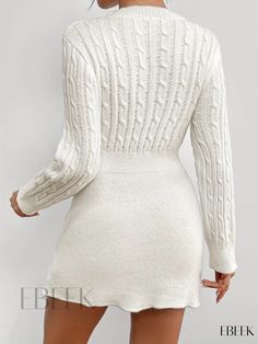 Ebeek - Crew Neck Cable Knit Sweater Dress - Long Sleeve, Womens Elegant Fashion Piece Non-stretch V-neck Sweater Dress For Winter, Fitted Cable Knit Sweater Dress, White Textured Knit Dress For Fall, Cozy Fitted Textured Knit Sweater Dress, White Textured Knit Sweater Dress For Spring, White Stretch Sweater Dress For Fall, Casual Fitted Cable Knit Sweater Dress, Fitted Textured Knit V-neck Cardigan, Cozy Fitted Long Sleeve Sweater Dress