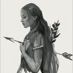 a drawing of a girl holding an arrow and looking down at the ground with one hand on her hip