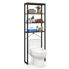 a bathroom shelving unit with a toilet