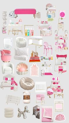 a collage of pink and white furniture