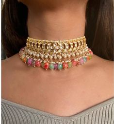 This Sabyasachi inspired Multicoloured Navrattan Kundan Inspired kundan Necklace with Earrings, the perfect little something your neck loves. This beautifully handcrafted necklace is set in silver and copper alloy and plated with 22k gold. It will go with everything and make your outfit super chic. Perfect to wear to dinner, and perfect gift for family members, friends or bridesmaid. Customized orders takes 3 to 4 weeks, depending on piece requirements. The Ombre Designs Jewelry pieces can be cu Jadau Set, Polki Sets, Kundan Choker Set, Kundan Choker, Antique Jewelry Indian, Kundan Necklace, Onyx Jewelry, Choker Set, Kundan Necklaces