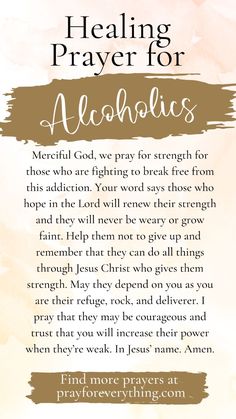 a prayer card with the words,'healing prayer for alcoholics'on it