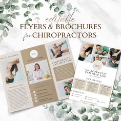 two brochures with leaves on them and the words, flyers & brochures for chiropactors