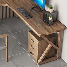 a computer desk with a monitor, keyboard and chair next to it on a tile floor