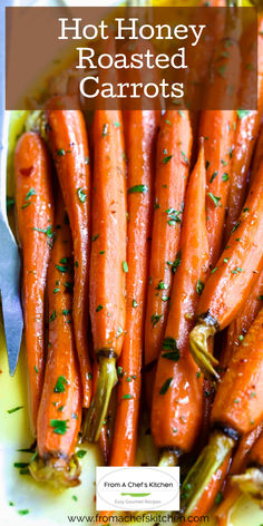 Hot Honey Roasted Carrots on white platter with serving fork. Cooked Carrots Stove Top, Honey Roast Carrots, Hot Honey Glazed Carrots, Honey Carrots, Roasted Carrots Recipe, Honey Glazed Carrots, Honey Roasted Carrots, Vegetable Side Dishes Recipes, Superfood Recipes