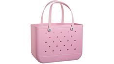 a pink tote bag with holes on the side and handles, is shown against a white background