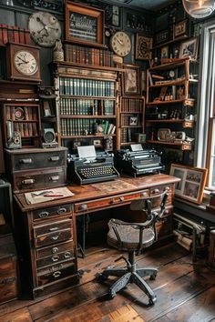 an old fashioned desk with a typewriter and many books on the shelves next to it