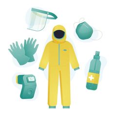 a person in a yellow coverall surrounded by medical supplies and gauzed gloves