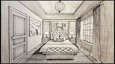 a drawing of a bedroom with a bed and two lamps on either side of the bed