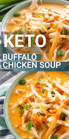 two bowls of buffalo chicken soup with green onions and carrots