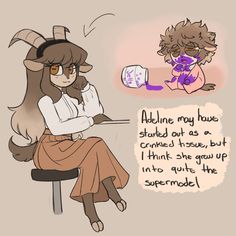 an animal with horns sitting at a desk next to a person in a dress and holding a cup